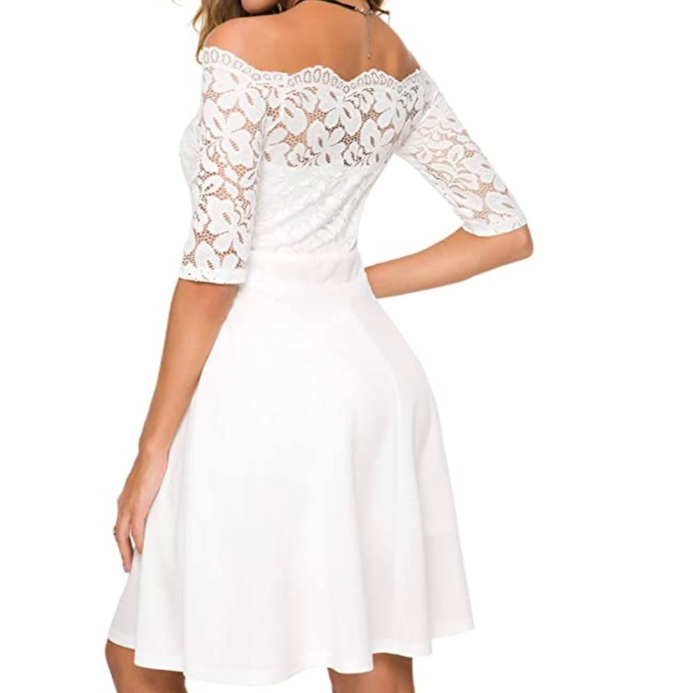Off the Shoulder White Lace Top Fit/Flare Dress - Picture 3 of 8